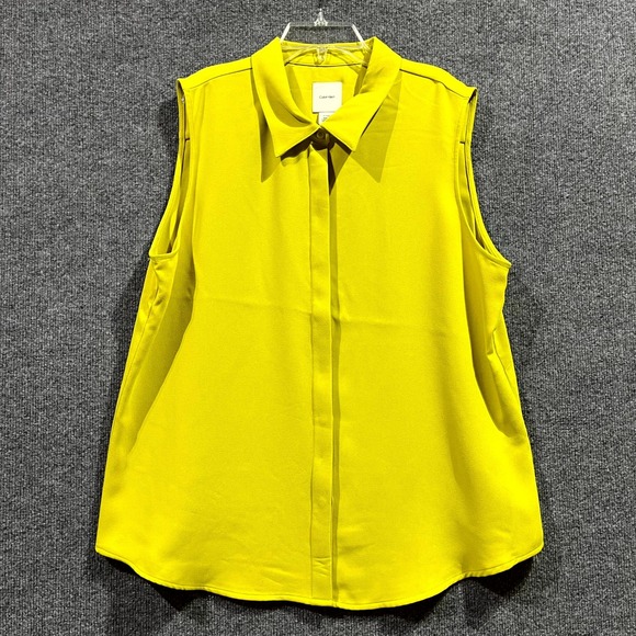 Calvin Klein Tops - Calvin Klein‎ Crepe Shirt Womens XL Warm Olive Sleeveless Curved Hem Button Up
